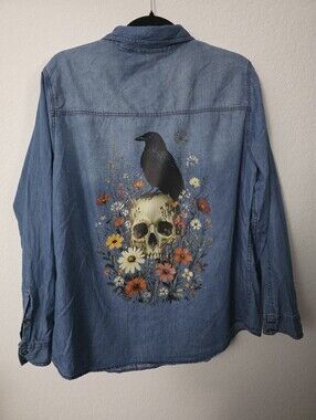 EUC Torrid Blue 100% Cotton Denim Shirt with Skull Crow Design On Back